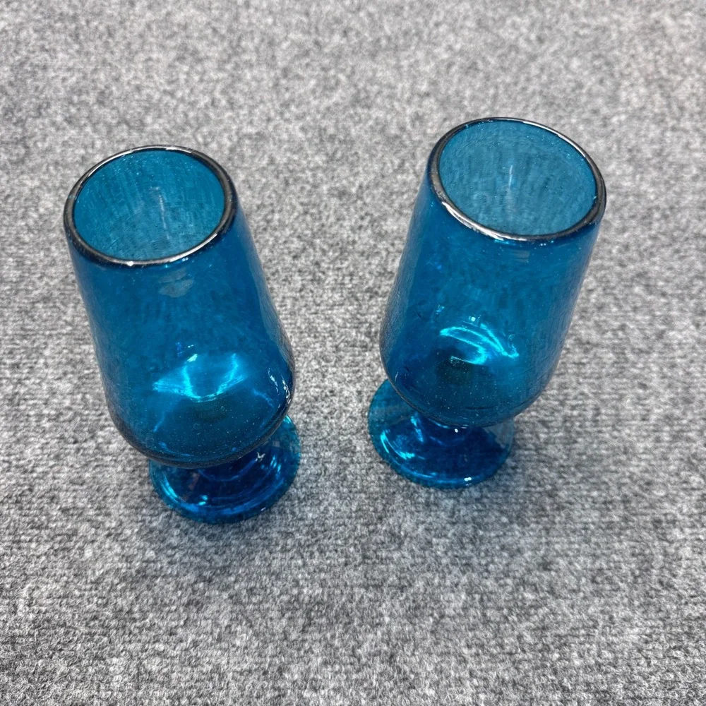 Handcrafted Bubble Glass Goblet Teal Blue Seeded Mid Century Coastal Boho 2 Pcs